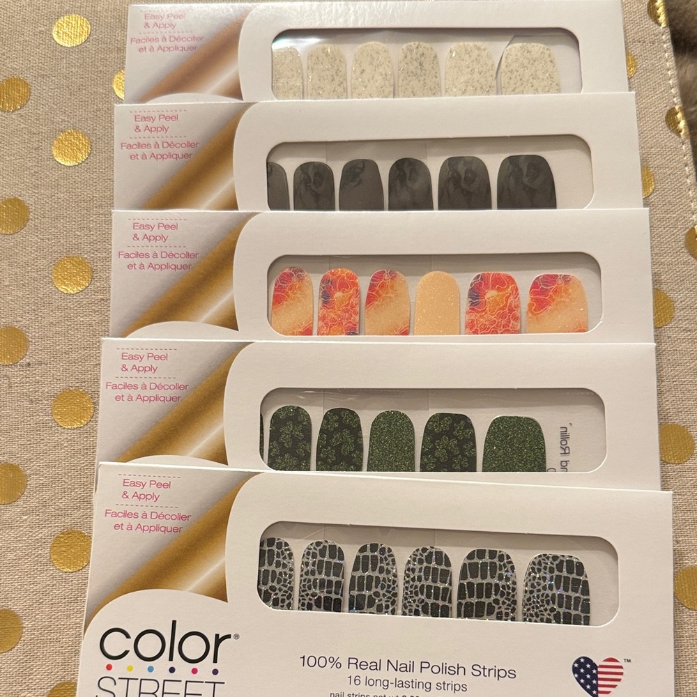 Bundle of 5 Sets:Color Street Nail Strips Collection Black, Orange, Green, White